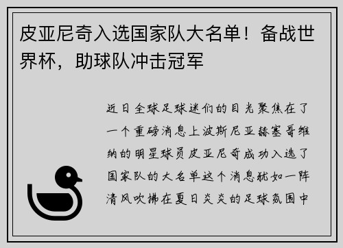 皮亚尼奇入选国家队大名单！备战世界杯，助球队冲击冠军