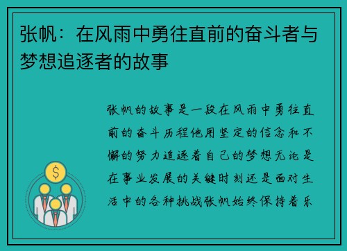 张帆：在风雨中勇往直前的奋斗者与梦想追逐者的故事